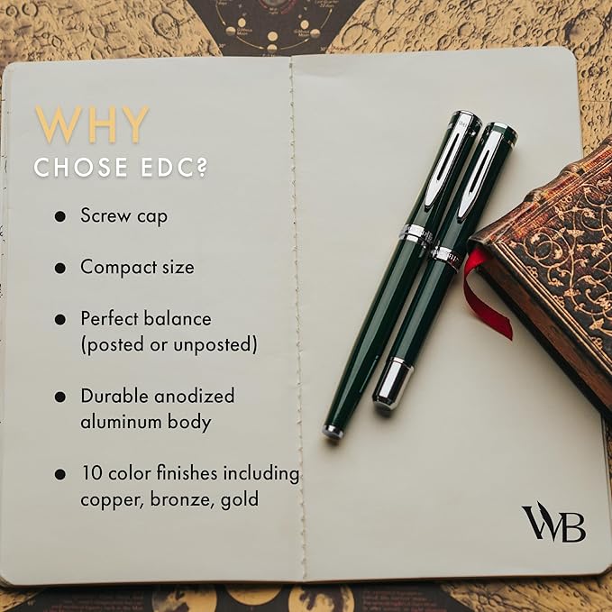 Wordsworth and Black Fountain Pen Mini EDC: Luxury Green Heavy Pocket Pen, Chrome Finish, Medium Nib, 6 Ink Cartridges, Ink Converter, Travel Refillable Writing Pen Gift Set, Men & Women