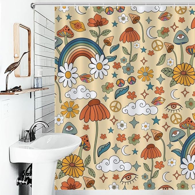 70s Mushroom Shower Curtain, Retro Groovy Hippie Funky Boho Rustic Cute Vintage Colorful Botanical Plants Pattern Orange Waterproof Fabric Bathroom Shower Curtain Set with Hooks, 72"x72" Inch