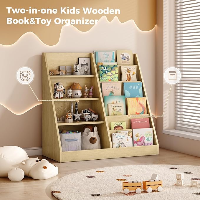Tatub 6 Tier Kids Wooden Bookshelf and Toy Storage, Children Toy Organizer with Book Shelves, Toddler BookRack Baby Bookcase for Nursery, Playroom and Classroom, Natural Wood