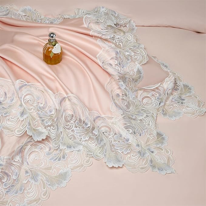 mixinni Luxury Satin Duvet Cover Set with Embroidery Lace, Silky Soft Bedding Set (1 Duvet Cover + 2 Pillowcases), Blush Pink - Elegant Bedroom Comforter Cover, Vintage Royal Style-Twin XL Size
