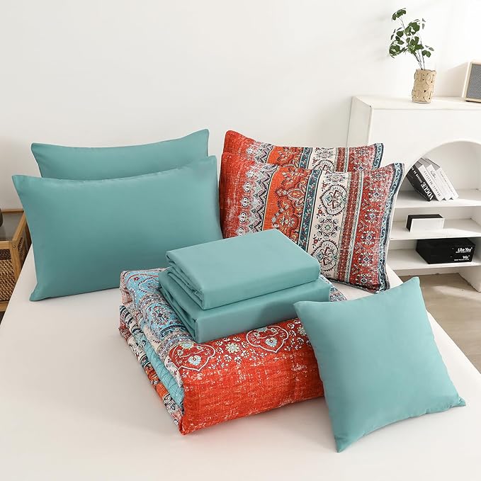 Cottolester Boho Queen Comforter Set 8 Pieces, Terracotta Comforter Bohemian Striped Bed in A Bag,Soft Microfiber Bedding Set for All Seasons