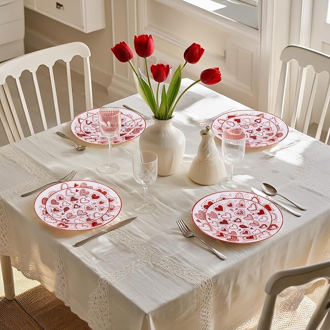 U-QE 20Pcs Red Plastic Plates - Diamond Heart Plates Disposable Heavy Duty, Fancy Love Pattern Perfect for Weddings, Parties, Valentine's Day - 10.25" Dinner Plate & 7.5" Dessert Plate
