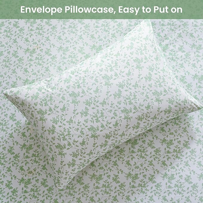 Softan King Sheet Set Green Leaves Bedding Sheets Printed Sheets - 4 Piece Soft Microfiber Botanical Patterned Fitted Sheet with 15" Deep Pocket