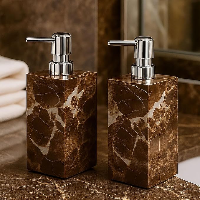 2 Pack Real Natural Marble Soap Dispenser with Stainless Steel Pump Decorative Liquid Hand Soap Bottle for Kitchen Bathroom, Compatible with Lotion, Dish Soap Shower Gel (Brown 2 Set)
