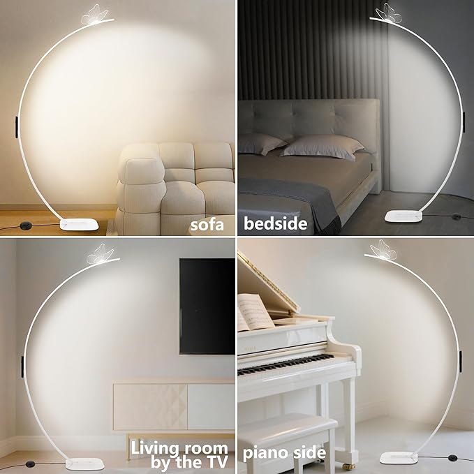 Arched Floor Lamp with Butterfly Design, Adjustable Brightness up to 2000 Lumens, Remote & Pedal Control, 3 Light Settings Standing Lamp for Living Room, Bedroom, Office (White)