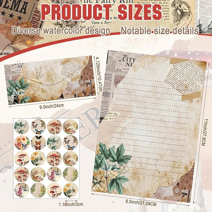 TaoBary 160 Pcs Stationery Paper Set 50 Double Sided Stationery Papers with 50 Matching Envelopes and 60 Round Dot Sticker, 10 Design(Nature Vintage Style,8.5 x 11 Inch)