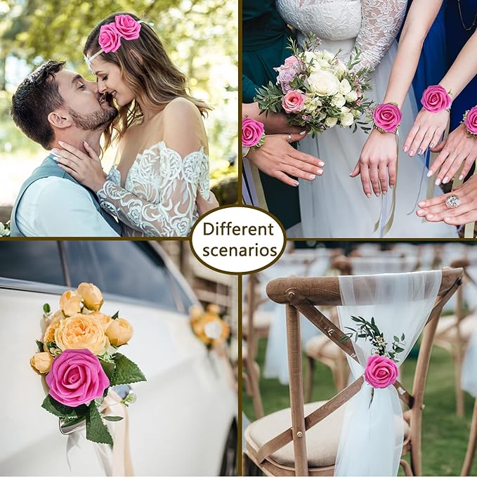 Artificial Roses Flowers 50pcs Real Looking Foam Fake Roses with Stems for DIY Wedding Bouquets Bridal Shower Centerpieces Party Decorations (50, Rose Red)