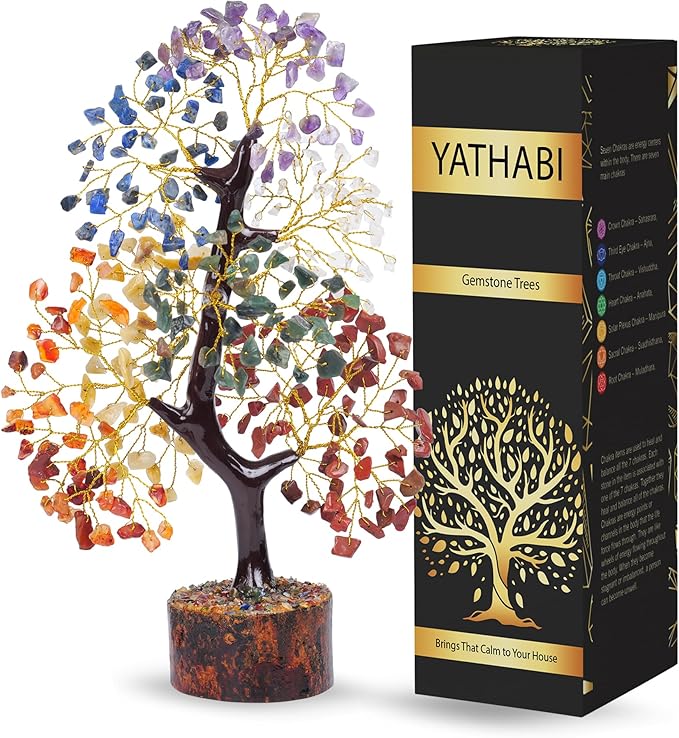YATHABI 7 Chakra Tree of Life Decor - Crystal Tree - Feng Shui Decor - Crystal Bonsai Tree - Gem Tree - Gemstone and Crystals - Spiritual Tree - Chakra Stones - Crystal Gifts - Birthday Gift for Women