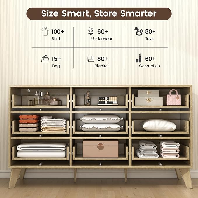 Hadulcet Wooden Dresser for Bedroom, Mid Century Modern 55” Long Fluted 9 Drawers Dresser Storage Clothes for Closet Organizer, Handleless Design, Push to Open, Natural Oak