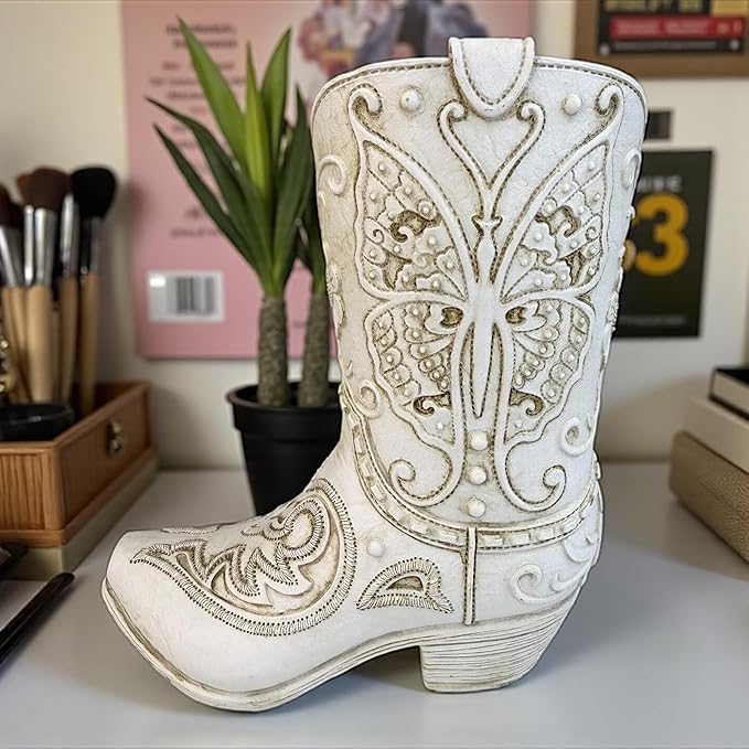 Top Brass Butterfly Boot Vase – Resin Cowboy/Cowgirl Boot Decor - Antique White Finish, Tooled Leather Look, Protective Pads, Modern Rustic Western Flower Holder, 7” Tall