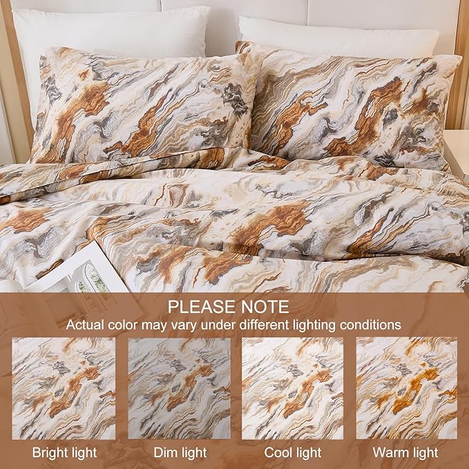 100% Cotton Comforter Set Queen Size 3 Pcs Taupe Marble Bedding Modern Simple Abstract Theme Soft Breathable