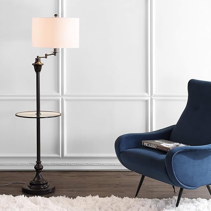 JONATHAN Y 60" Oil Rubbed Bronze Floor Lamp with Integrated Glass Side Table, Modern Swing Arm Standing Lamp for Living Room, White Linen Shade, LED Bulb Included (JYL3055C)