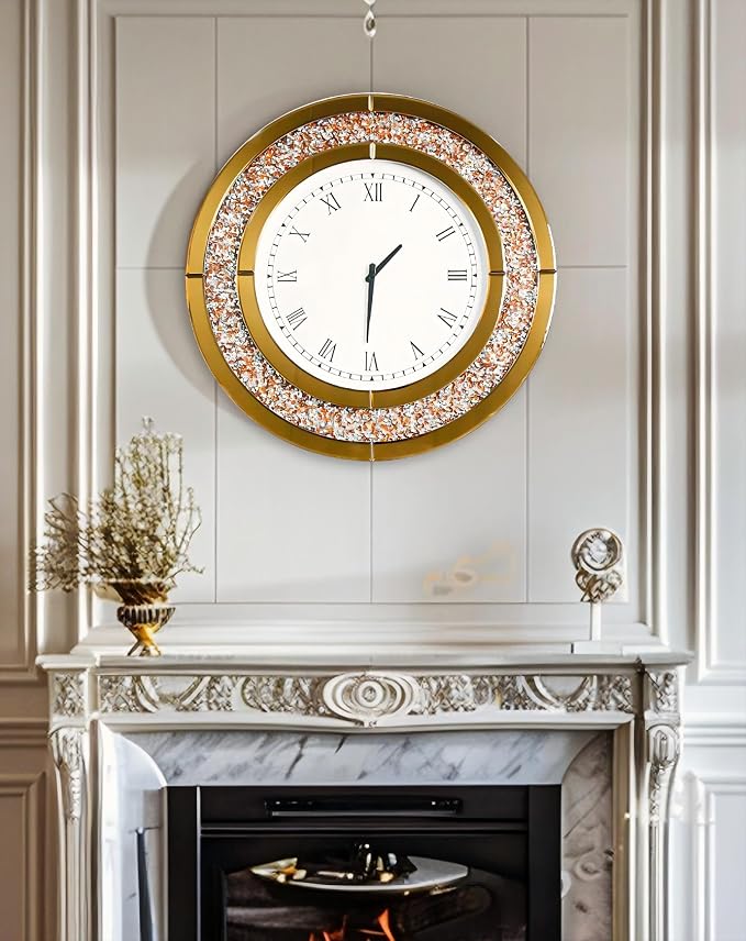 Crushed Diamond Wall Clock Round Decorative Mirrored Clock 24 inch Brown