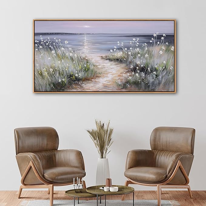 KLAKLA Bedroom Decor Wall Art Blue Beach Picture Ocean Theme Flower Canvas Print Modern Coastal Seascape Painting Framed Seaside Artwork Floral Daisy for Home Sea Lake Living Room 20x40 Inch