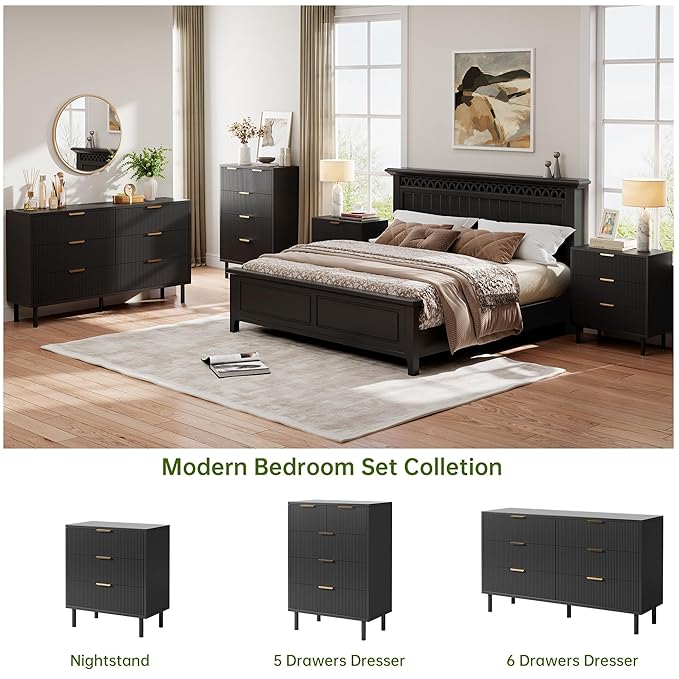 GarveeHome Black Wave Fluted 5 Drawer Dresser for Bedroom, Modern Wood Chest of Drawers with Wide Drawers, Closet Dresser Organizer with Anti-Tipping Device and Metal Legs for Hallway Entryway