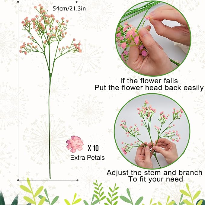 JIFTOK Babys Breath Artificial Flowers, 24 Pcs Fake Flowers Gypsophila Bouquet Fall Flowers Artificial for Decoration, Real Touch Silk Flower for Wedding Christmas DIY Party Home Garden Office (Pink)