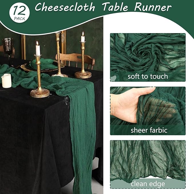 12 Pack 10Ft Cheesecloth Table Runner 35x120 Inch Boho Gauze Table Runner Rustic Cheese Cloth Long Romantic Table Runners for Wedding Bridal Shower Birthday Party Table Decor (Dark Green)