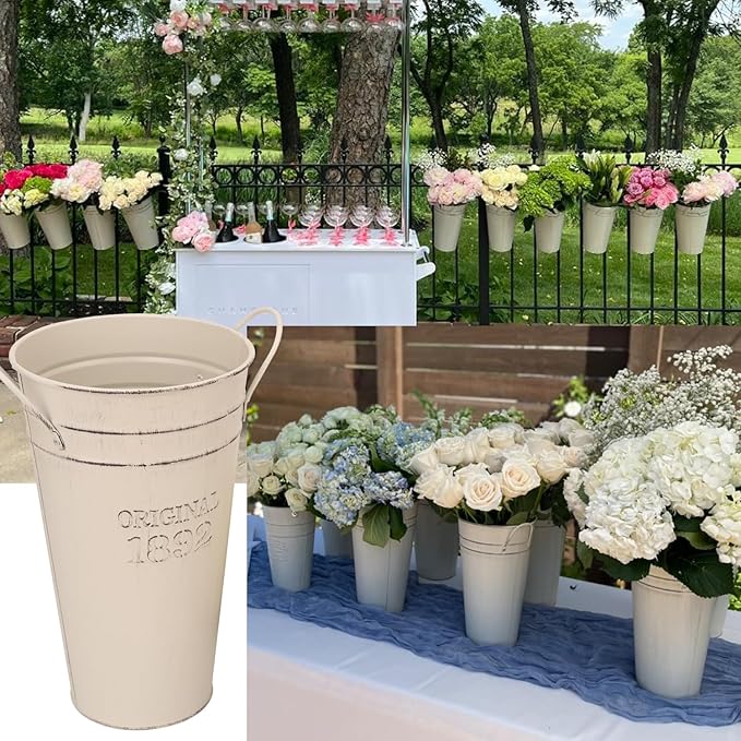3-Pack 12 Inch Vintage Rustic Galvanized Steel French Bucket Vases for Centerpiece and Home Decor, Weddings