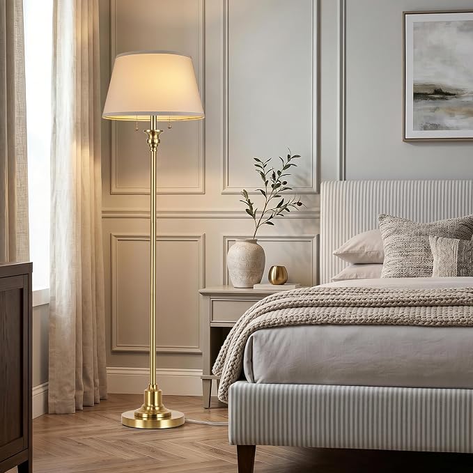 2-Light Floor Lamp for living room, 66.5'' Rustic Farmhouse Pole Lamp with Double Pull Chain, Mid Century Vintage Tall Standing Lamp for Bedroom Home Decor(3 Color Temperatures Bulb Included), Gold