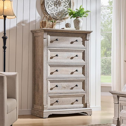 T4TREAM Farmhouse 5 Drawers Dresser for Bedroom, 47" Tall Wood Rustic Chest of Drawers, Vintage Design with Metal Handle, Light Rustic Oak