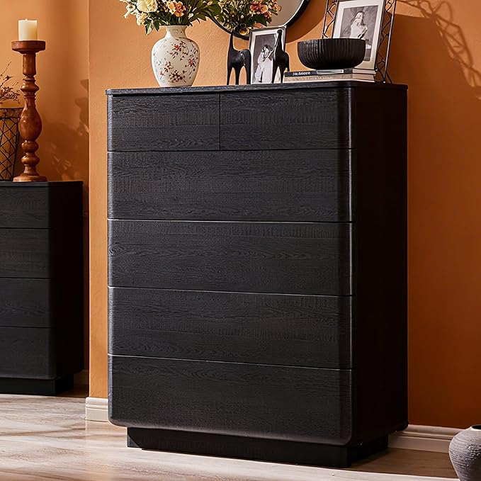 JXQTLINGMU 6 Drawer Dresser for Bedroom, 42" Tall Modern Push-to-Open Chest of Drawers, Wood Storage Organizer w/Curved Profile & Handleless Design for Bedroom, Living Room, Black