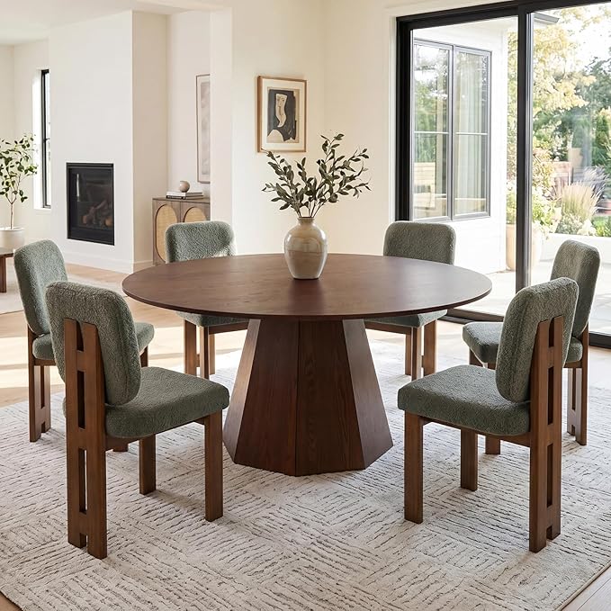BESTANO 59" Round Dining Table for 4-6 People, Kitchen Dining Room Table with Wooden Pedestal Base, Circle Dinner Pedestal Dining Table for Dining Room (Table Only), Walnut
