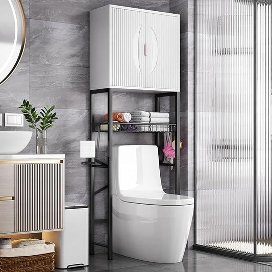 Kalrin Over The Toilet Storage Cabinet with Fluted Wave Doors and Adjustable Shelf, Wood Over Toilet Storage Rack with Drain Basket, Freestanding Bathroom Organizer for Balcony Laundry, White & Black