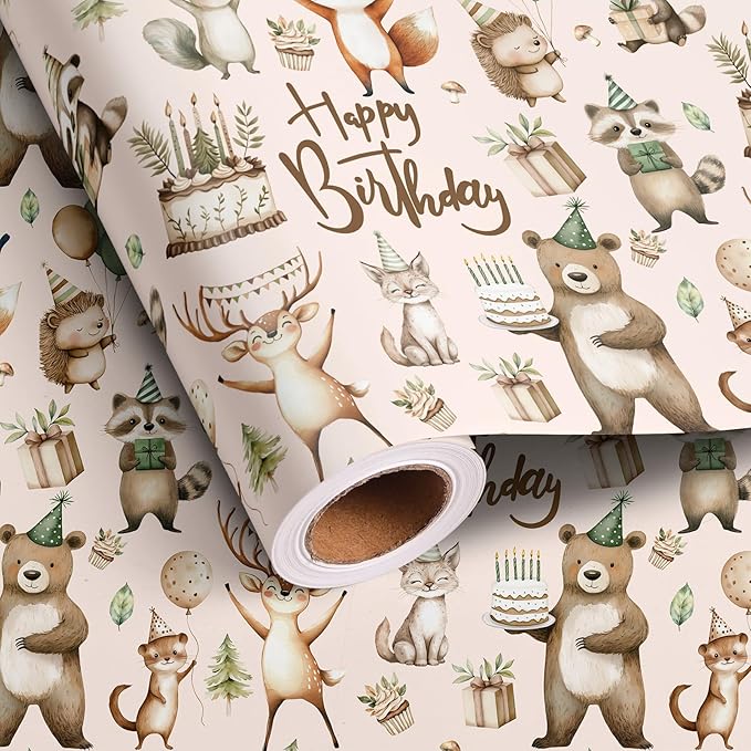 Altarho Birthday Wrapping Paper Roll - Birthday Safari Woodland Animals with Gift Box Cake Design Gift Wrap Sheets for Kids Boys Baby Shower Party Decoration Celebration Total 28.5sq.ft
