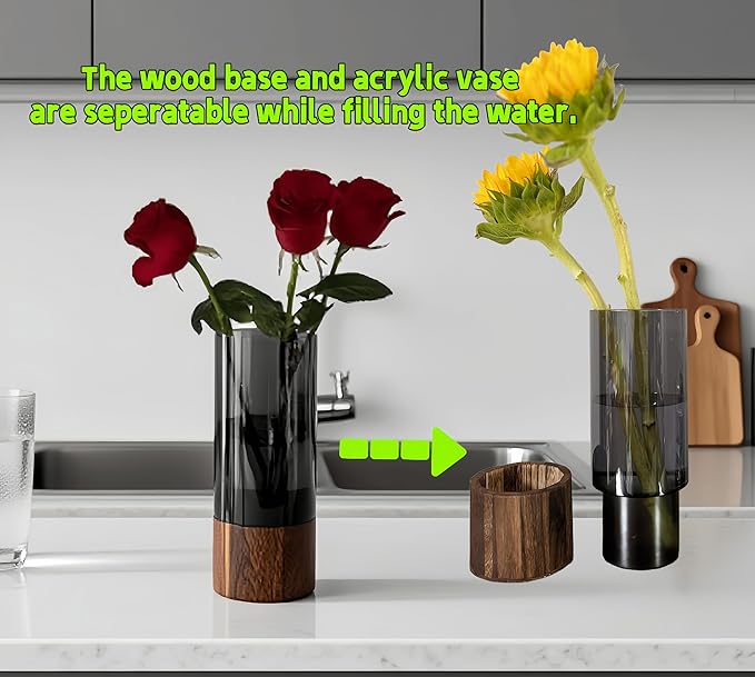 Shatterproof Acrylic Flower Vase with Wood Base–10”H*3.9''W Modern Table Centerpiece for Home Office Decor, Holds Fresh/Dried Stems, Lightweight&Stable, Present for Housewarming Christmas (Cylinder)