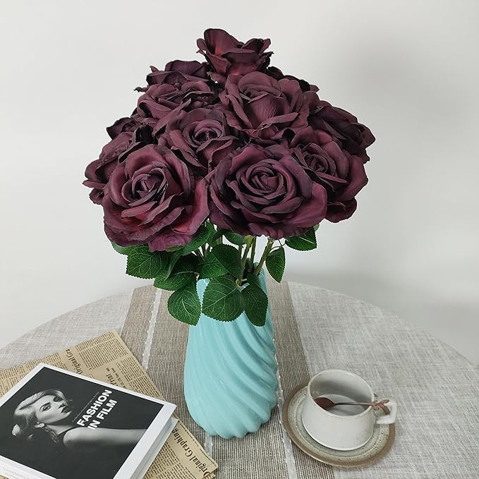 ATFL Burgundy Roses,12 Pcs Burgundy Artificial Flowers,Flower Diameter 4'',Autumn Silk Floral Fake Roses with Stems for Wedding Arrangement Centerpieces Party Home Table Decorations