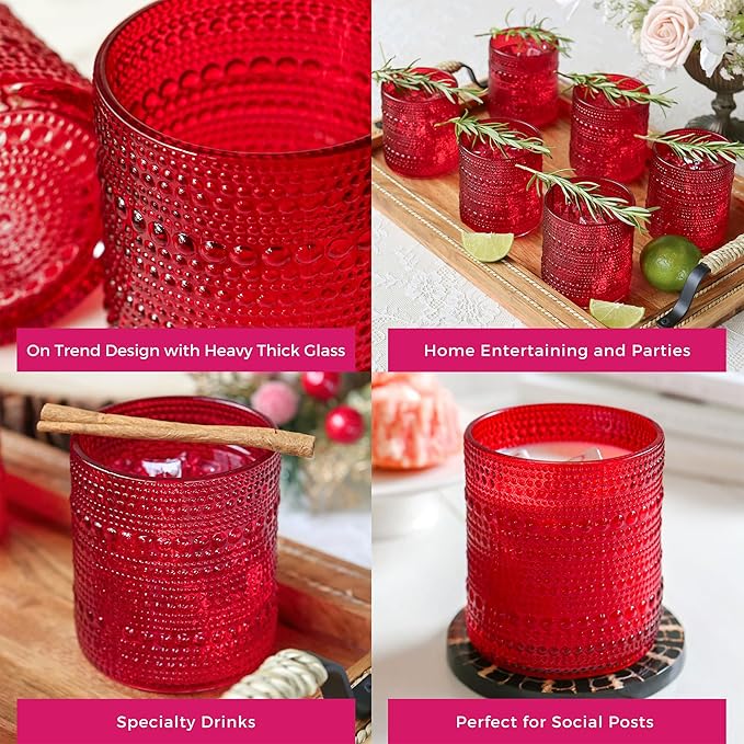Kate Aspen Retro Arch Floral Red Drinking Glasses Set of 6, 10 oz Vintage Ribbed Glass Cups, Christmas Glassware & Holiday Drinkware, Valentine’s Day & Holiday Hostess Gift