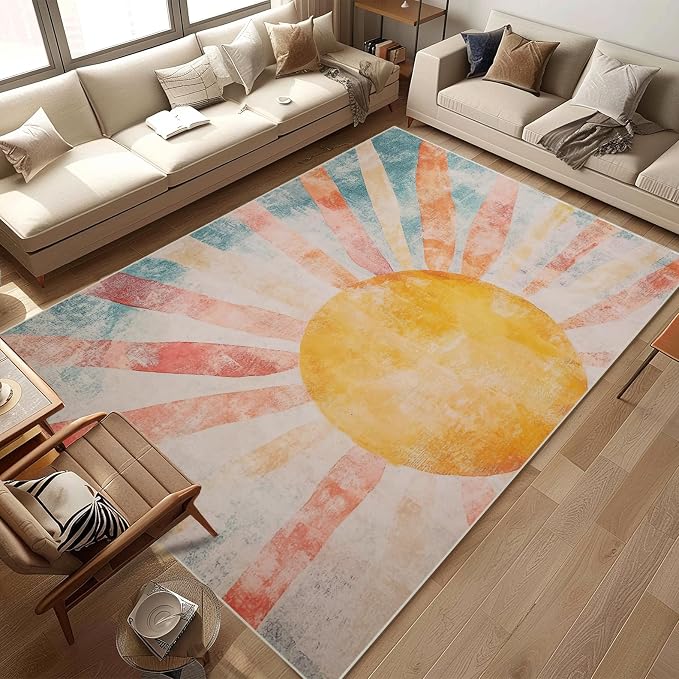 8x10 Boho Sun Area Rug Retro Orange Yellow Blue Beige Bedroom Rug Low Pile Thin Large Carpet Living Room Non Slip Dining Room Stain Resistant Office Washable Machine Classroom