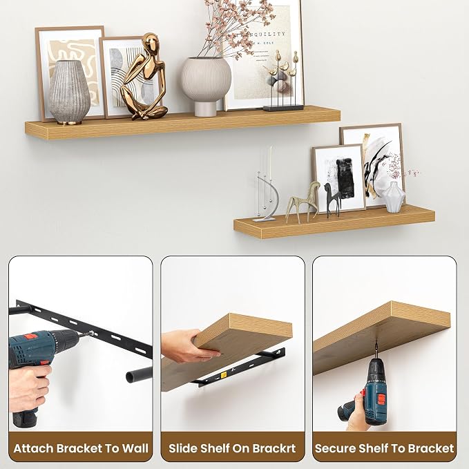Heimlove Floating Shelves for Wall,16 inchs Shelf for Small Bathroom,Mounted Storage & Display Wood Shelves for Bedroom,Living Room,Kitchen,Office,Set of 2,Oak Color