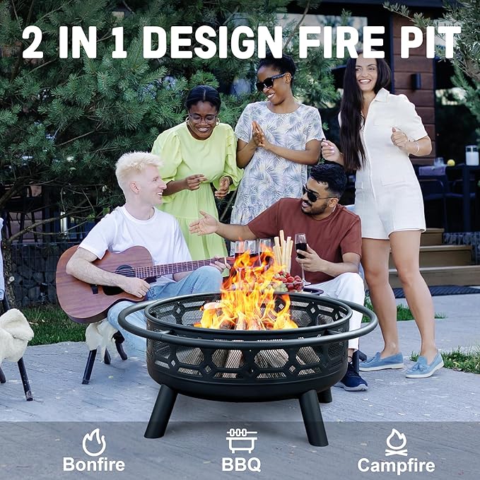 Florise 36 Inch Fire Pit, Outdoor Wood Burning Firepit with Removable Grill & Poker, Heavy Duty Metal Round Fireplace,2 in 1 Large Bonfire for Outside,BBQ,Yard,Patio