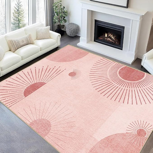 Large Area Rug 6x9 Sun Rug Living Room Mid Century Modern Rugs Machine Washable Boho Geometric Rug Non Slip Printed Low Pile Indoor Floor Carpet for Dining Room Bedroom Office,Pink