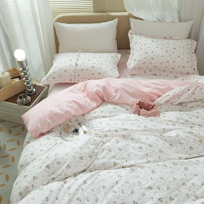 LifeTB Pink Floral Duvet Cover Queen Girls Cute Flower Pattern Duvet Cover 100% Cotton Vintage Country Bedding Cottagecore Comforter Cover with 2 Pillowcases Breathable Flower Bedding Set