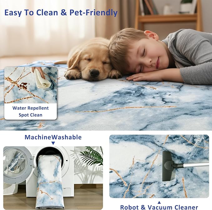 Merelax 6x9 Area Rugs for Living Room - Washable Non-Slip Abstract Blue Rug, Indoor Floor Carpet Low Pile Soft Rug for Bedroom Dining Room, Mudroom, Modern Aesthetic Decor, Blue/Gold