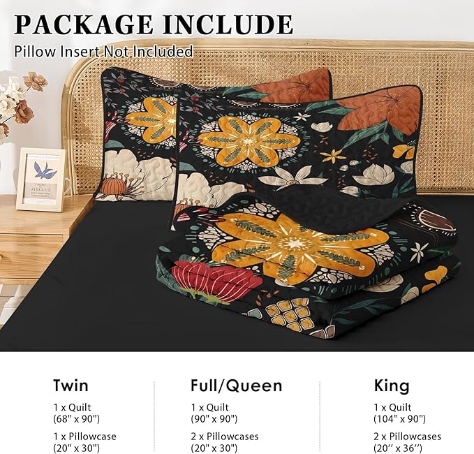 Quilt Set Twin Size, Black Tropical Floral 2 Pcs Soft Bed Cover Bedding Set, Farmhouse Botanical Lightweight Bedspread Coverlet with Pillow Sham for All Season