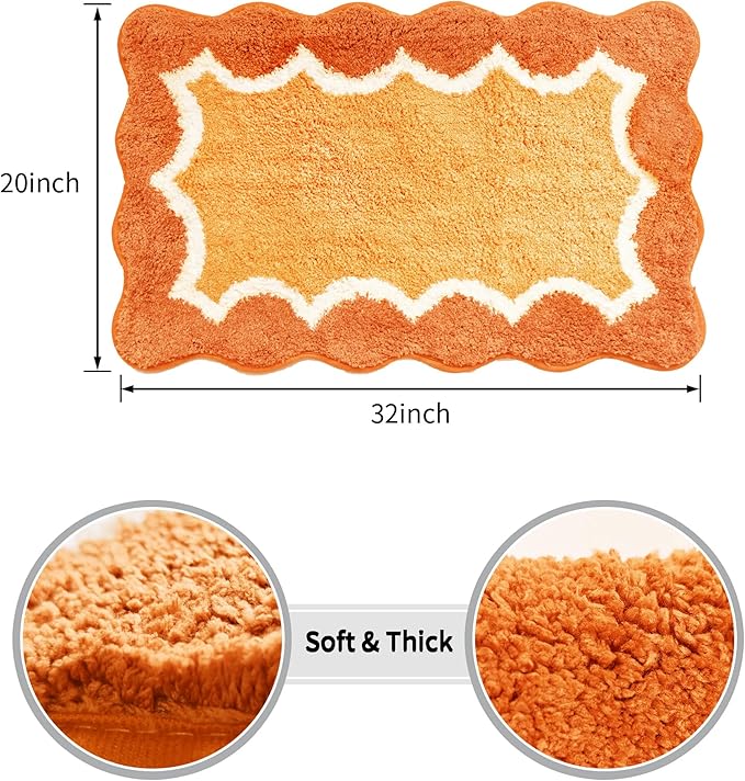 Scalloped Orange Bathroom Rugs Mat,Non Slip Absorbent Quick Dry Bath Mats for Shower Room,Plush Microfiber Bath Rug for Bathroom Floor Washable Carpet for Shower Tub Sink Bedroom,20"x32"