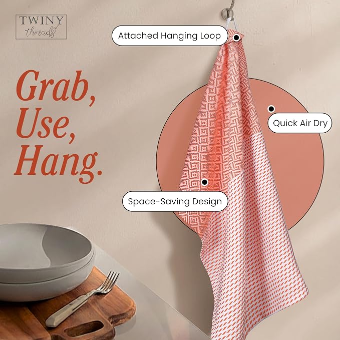 TWINY threads Dish Towel Diamond Weave, 4 Pack, Premium 100% Cotton Kitchen Linen Set, Large Dish Rags and Wash Rags, Absorbent Quick Drying, Machine Washable Dishcloth Set, 18"x26", Orange