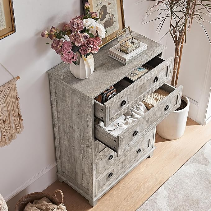 Farmhouse 5 Drawer Dresser for Bedroom Set of 2, 42" Tall Small Dressers & Chest of Drawers, Rustic Wood Dresser with Metal Handle, Storage Organizer Closet for Living Room, Hallway,Entryway
