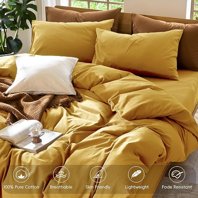 MooMee Bedding Duvet Cover Set 100% Washed Cotton Linen Like Textured Breathable Durable Soft Comfy (Solid Yellow, Twin 68"x90")