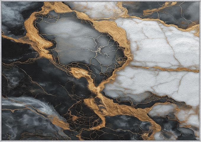 Black White Gold Marble Area Rug, Modern Abstract Pattern Carpet, Washable Non Slip Low Pile Soft Thin, Living Room Bedroom Home Decor Mat 5x8ft