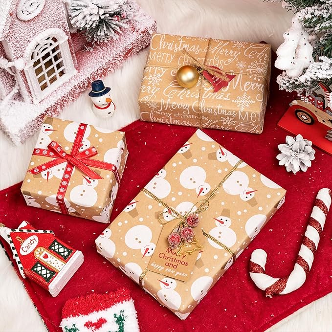 MAYPLUSS Kraft Christmas Wrapping Paper Roll - Mini Roll - 17 in X 120 in Per roll - White Snowman, Let it Snow Design Snowflake for XMAS,Party Birthday gift wrap (42.3 sq.ft.ttl)