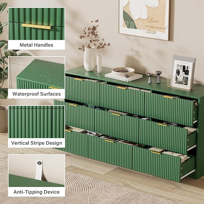 Green Dresser for Bedroom, Modern Dresser with 9 Drawers and Smooth Slides, Wide Chest of Drawers with Golden Handles for Bedroom, Living Room, Closet, 15.7" D x 63" W x 31.5" H