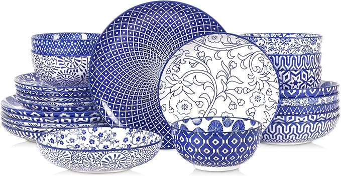 Selamica Ceramic Plates and Bowls Sets,24 Pieces Dinnerware Sets for 6,Scratch Resistant Dish Set for holiday gathering, Dishwasher & Microwave Safe, Vintage Blue
