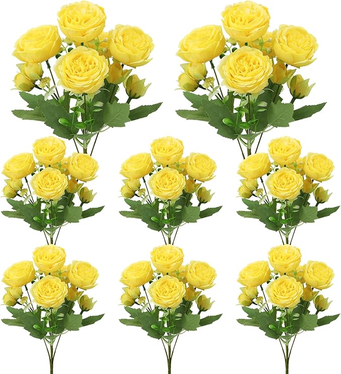 8 Pack Yellow Peonies Artificial Flowers, Fake Silk Hydrangea Bouquet for Bridal Wedding Home Table Decor Reusable Dining Opening Ceremony Birthday Arrangement Faux Floral