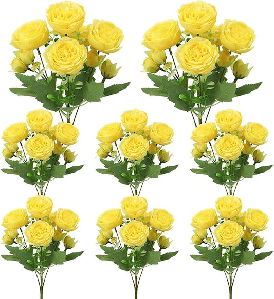 8 Pack Yellow Peonies Artificial Flowers, Fake Silk Hydrangea Bouquet for Bridal Wedding Home Table Decor Reusable Dining Opening Ceremony Birthday Arrangement Faux Floral