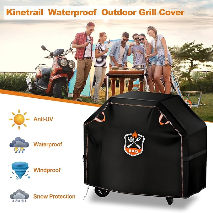 Kinetrail Grill Cover, Universal 52" BBQ Grill Cover for Outdoor Grill, Waterproof, Weather Resistant, Fade Resistant Gas Grill Cover with Adjustable Double Straps for Weber, Char-broil, Nexgrill, etc