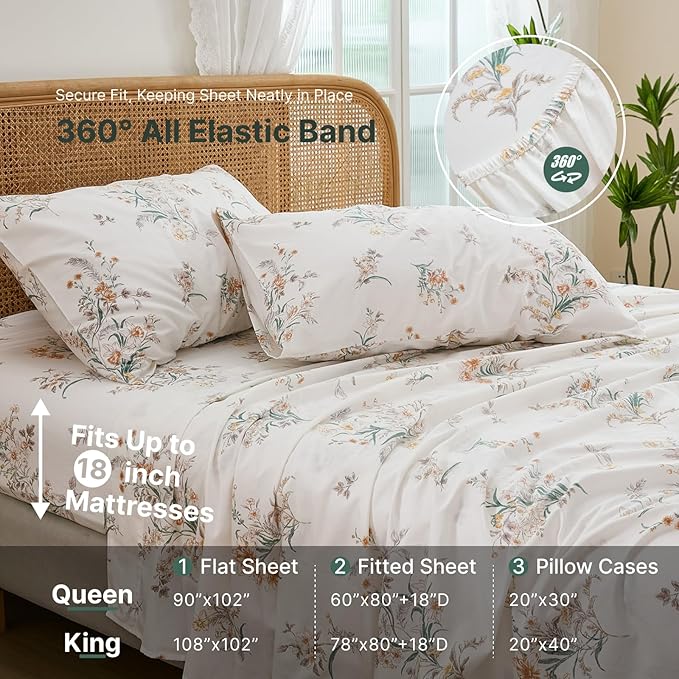 100% Cotton Sheet Set Queen Size – 4-Piece Shabby Chic Floral Bedding Set, Soft Breathable Percale Weave, Deep Pocket Fitted Sheet 17.5", Crisp Cool Feel, Refined Botanical Elegance